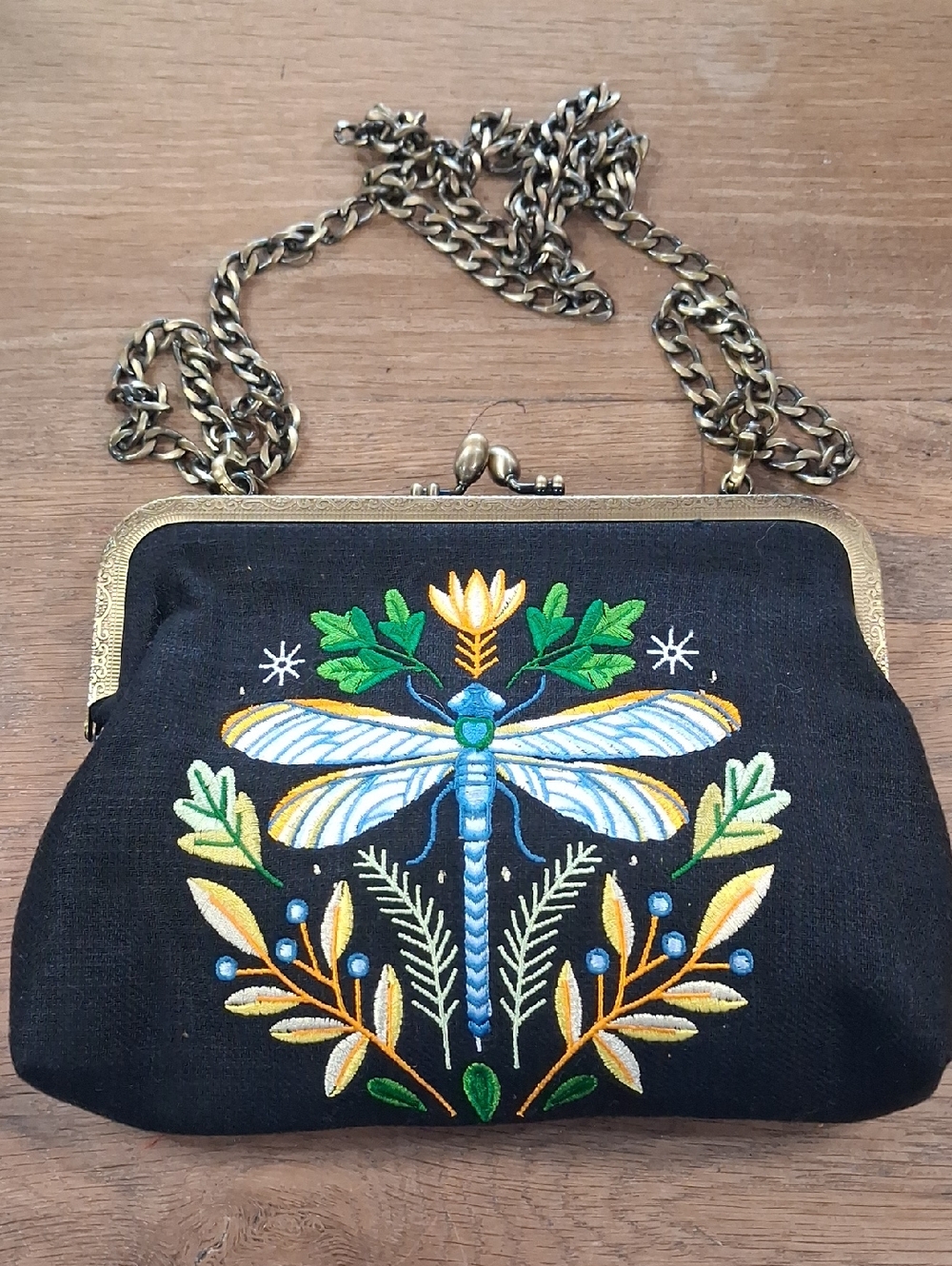 Embroidered Dragonfly Black Crossbody Bag